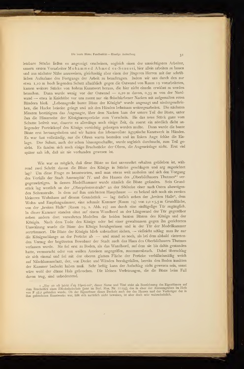 Originalscan der gedruckten Seite 31 aus Borchardts Bericht von 1923 mit dem Fundbericht zur Büste.