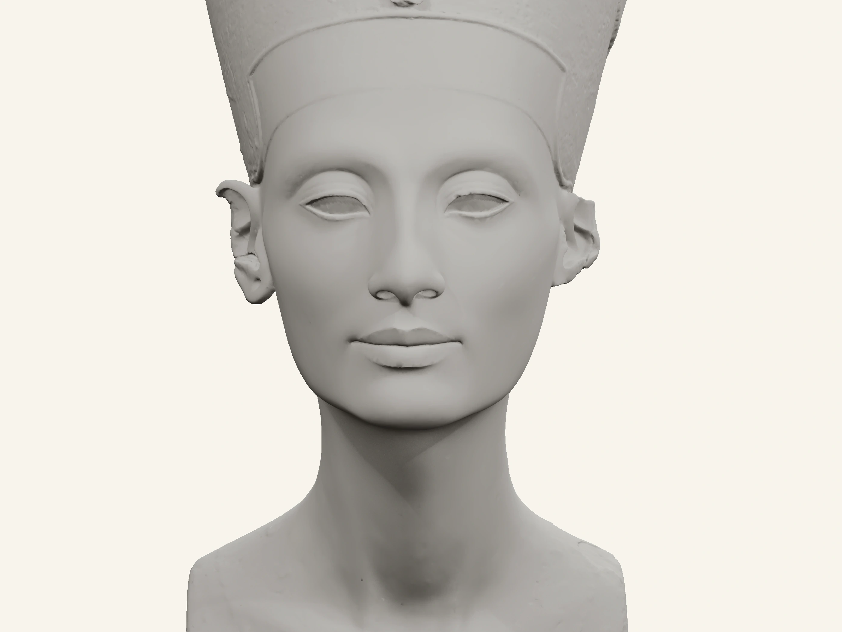 Gesicht der Nofretete von vorn, mit beiden Augen. Form des Museumsscans ohne Farbdaten.